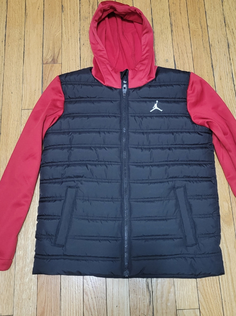 Jordan Black Puffer Jacket with Red Hood and Sleeves